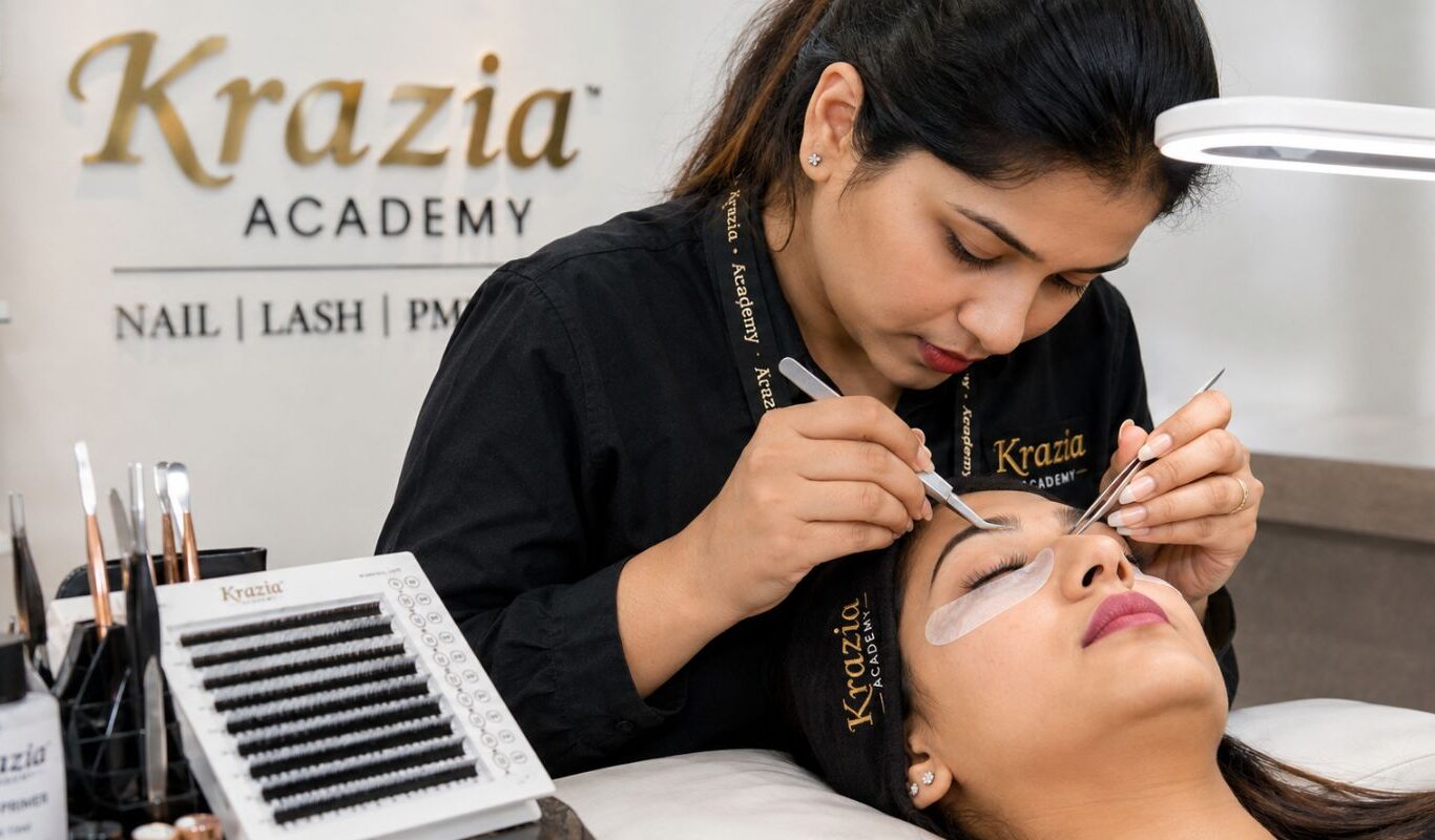 Eyelash extension course near me - live training session at Krazia Academy Noida Sector-18