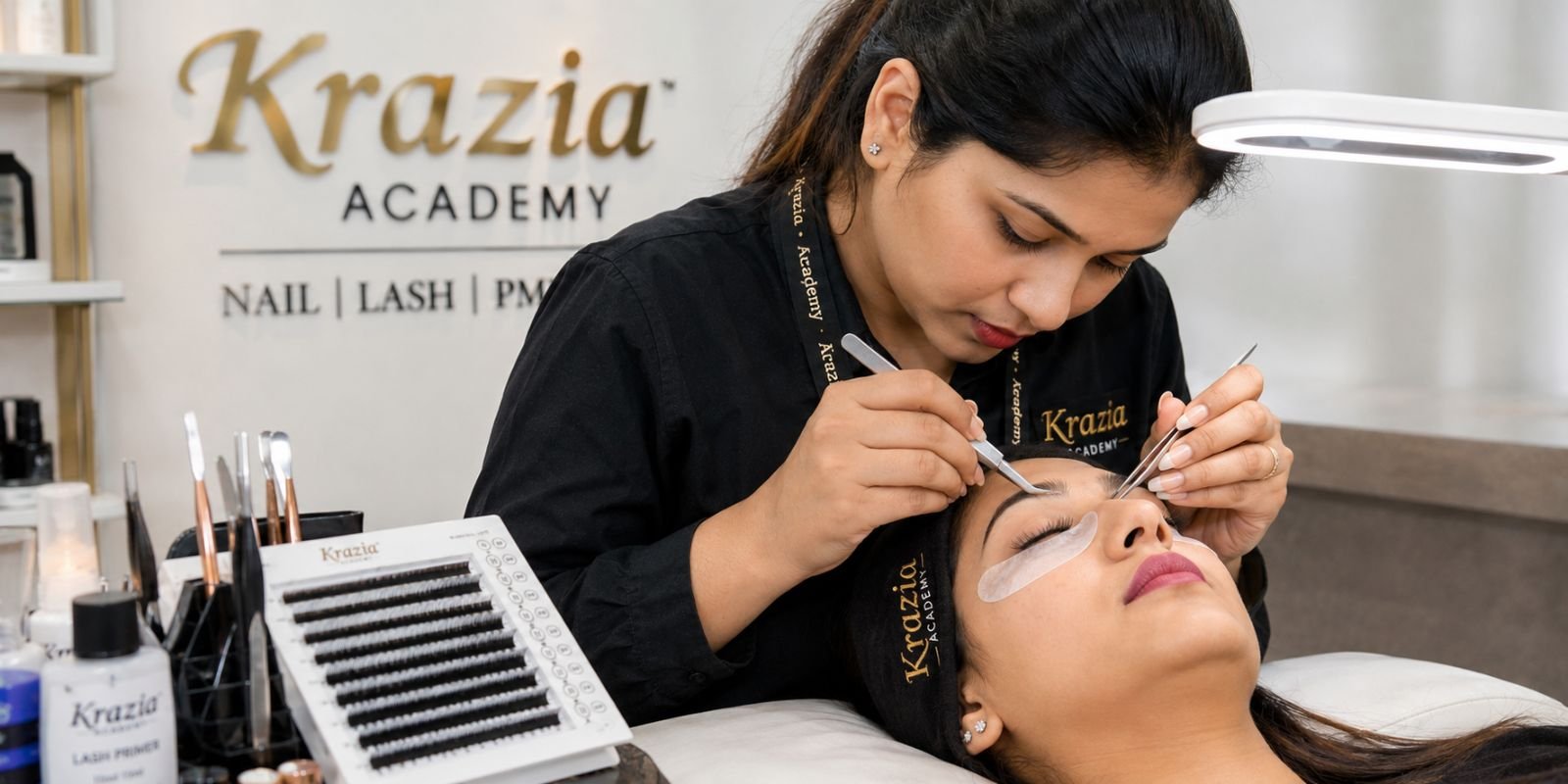 Eyelash extension course near me - live training session at Krazia Academy Noida Sector-18