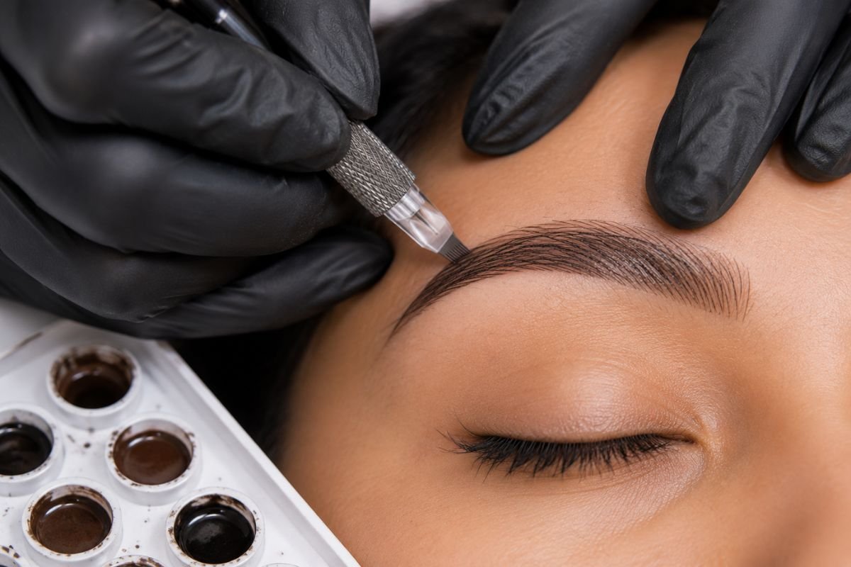 Microblading course near me - student practicing hair-stroke technique at Krazia Academy Noida Sector-18