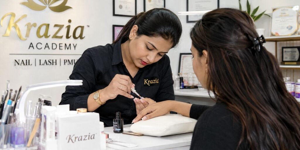 Krazia Academy Noida Sector-18, actively demonstrating nail extension application on a live model's hand, bright well-lit studio, trainer and student both in frame, candid hands-on moment