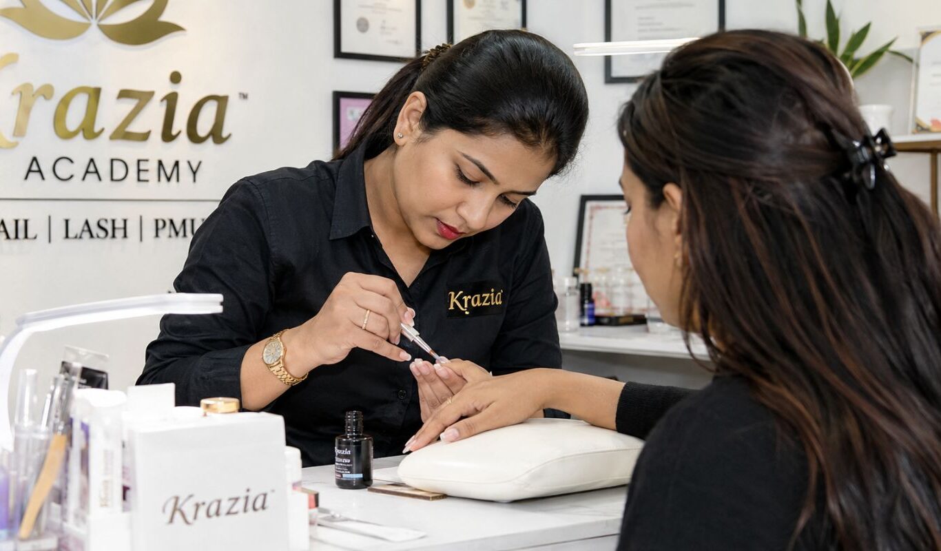 Krazia Academy Noida Sector-18, actively demonstrating nail extension application on a live model's hand, bright well-lit studio, trainer and student both in frame, candid hands-on moment