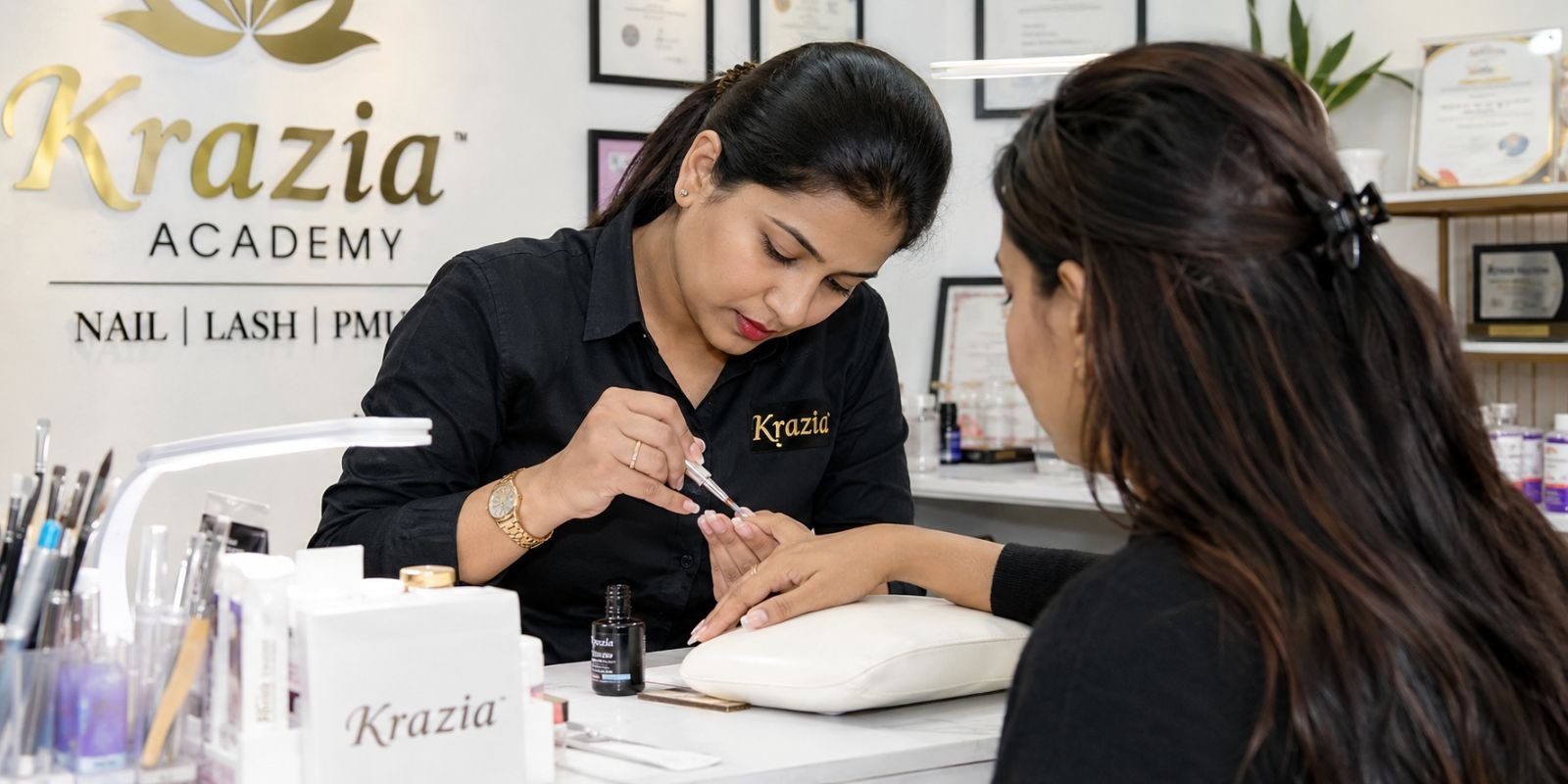 Nail Extension Course Training at Krazia Academy, Noida Sector-18 Trainer teaching nail extension application to a student at Krazia Academy Noida Sector-18