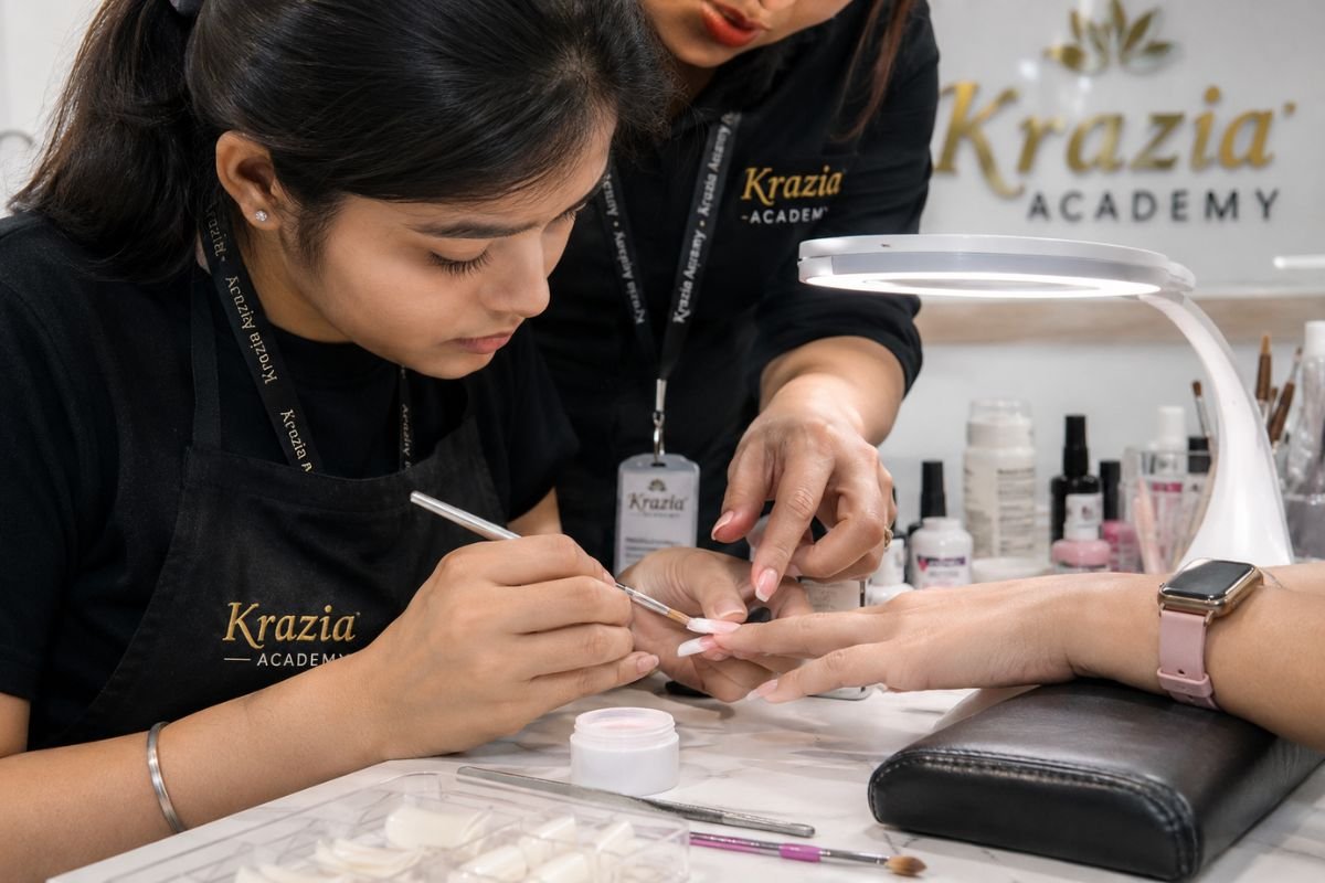 Hands-on Nail Extension Practical Training - Krazia Academy Noida Sector-18 Student practicing acrylic nail extension application under trainer guidance at Krazia Academy Noida Sector-18